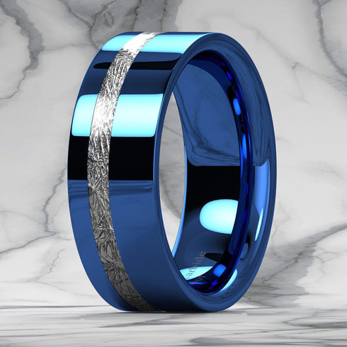 Men's 8mm Tungsten Ring Blue Silver Meteorite Inspired Inlay Wedding Band